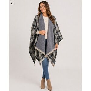 DKR & CO Shawl Sweater Cape Womens One Size Brown Gray Plaid Fringe Soft Acrylic